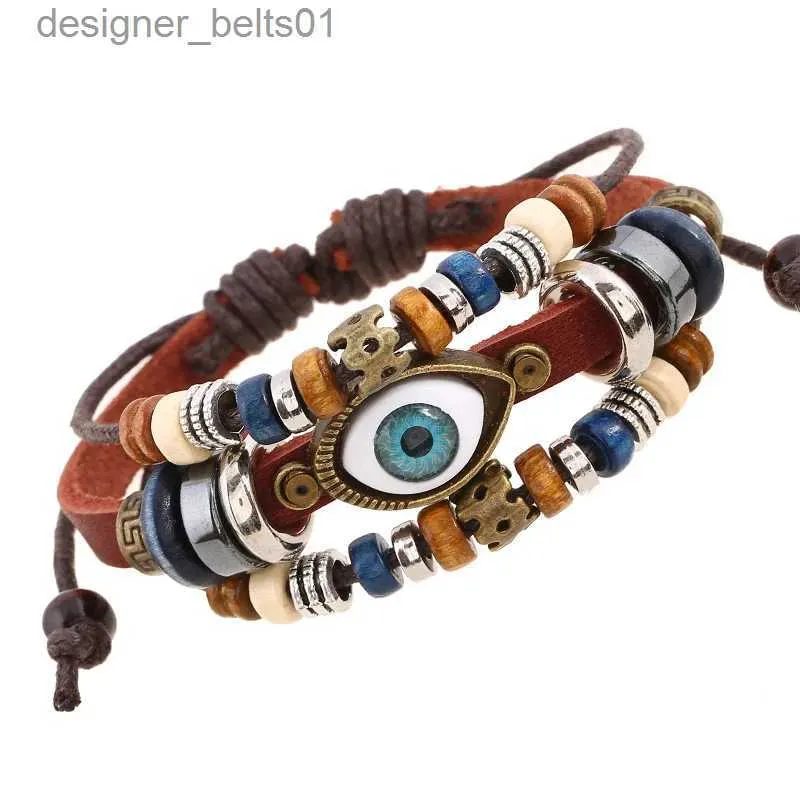 Charm Bracelets Boho Gypsy Hippie Design Leather Rope Eye Bracelet Brown Multi-layer Cow Leather Woven Beaded Bracelet Unisex Adjustable JewelryL231214