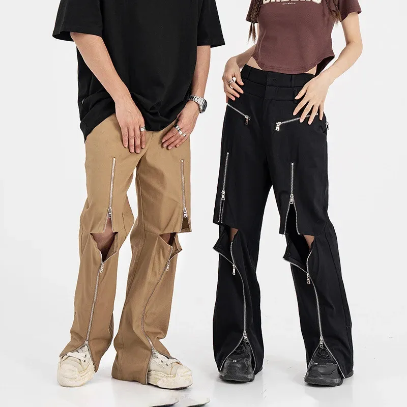 Pantalons pour hommes Houzhou Design Zipper Slit Hommes Pantalons Techwear Tube droit Casual Noir Pantalon à jambe large Mâle Trou Lâche Streetwear Hip Hop 231211