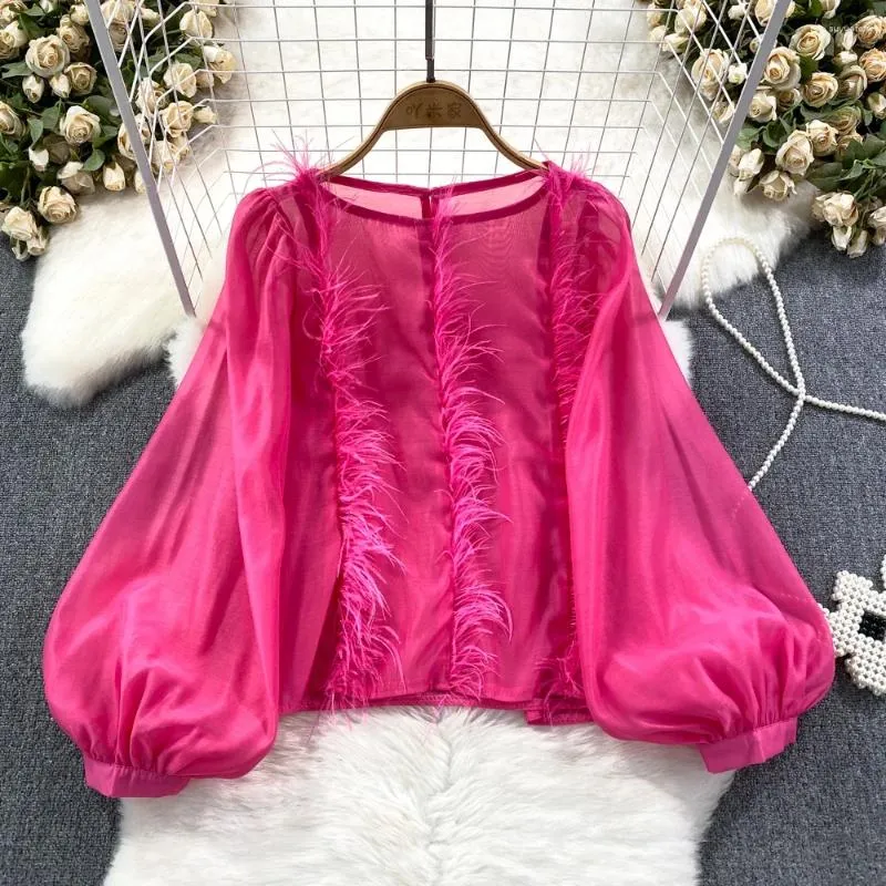 Women's Blouses Chiffon Blusas Mujer O Neck Fur Patchwork Designed Lantern Sleeve Camisas Female Tassel Solid Color Blouse Women Autumn