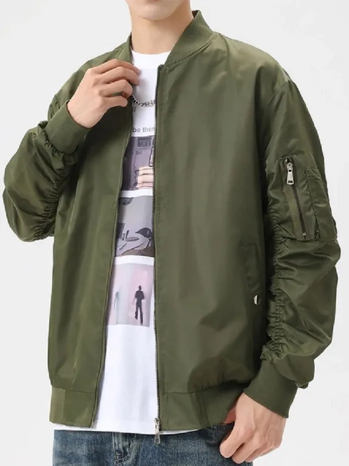 Korean Style Mens Bomber Jacket, Casual Army Green Pilot Baseball