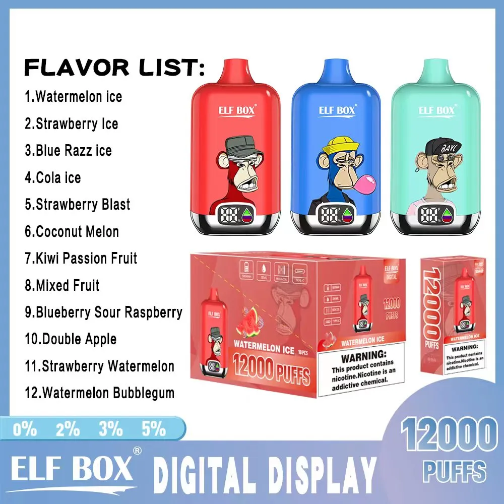 Originele bar ELF BOX Digitaal display 12000 wegwerpvape 12 smaken Bladerdeeg 12k e-sigaret 500 mah Oplaadbare batterij Voorgevulde 25 ml cartridge 2% VS bang king