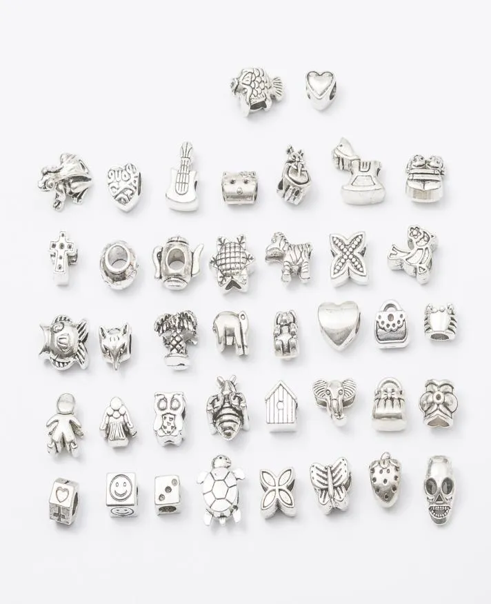 Mix Mix 40 Style Sytre Silver Plessed Alloy Big Hole Charms Beads Fit Pit Bracelet Diy Jewelry Netclaces Pendants6500042