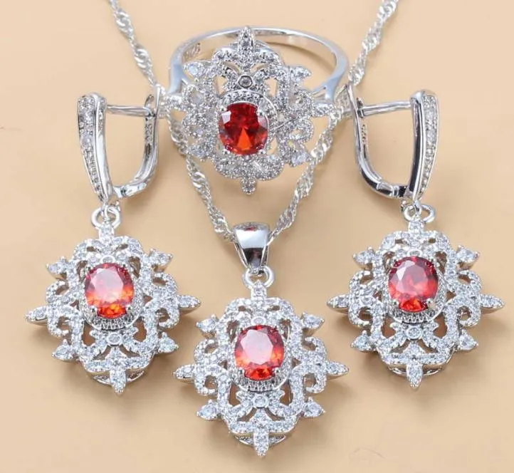 Elegant Women Wedding Costume Jewelry Sets Natural Stone Red Garnet Dangle Earrings And Necklace Ring Bridal Sets H10229446301