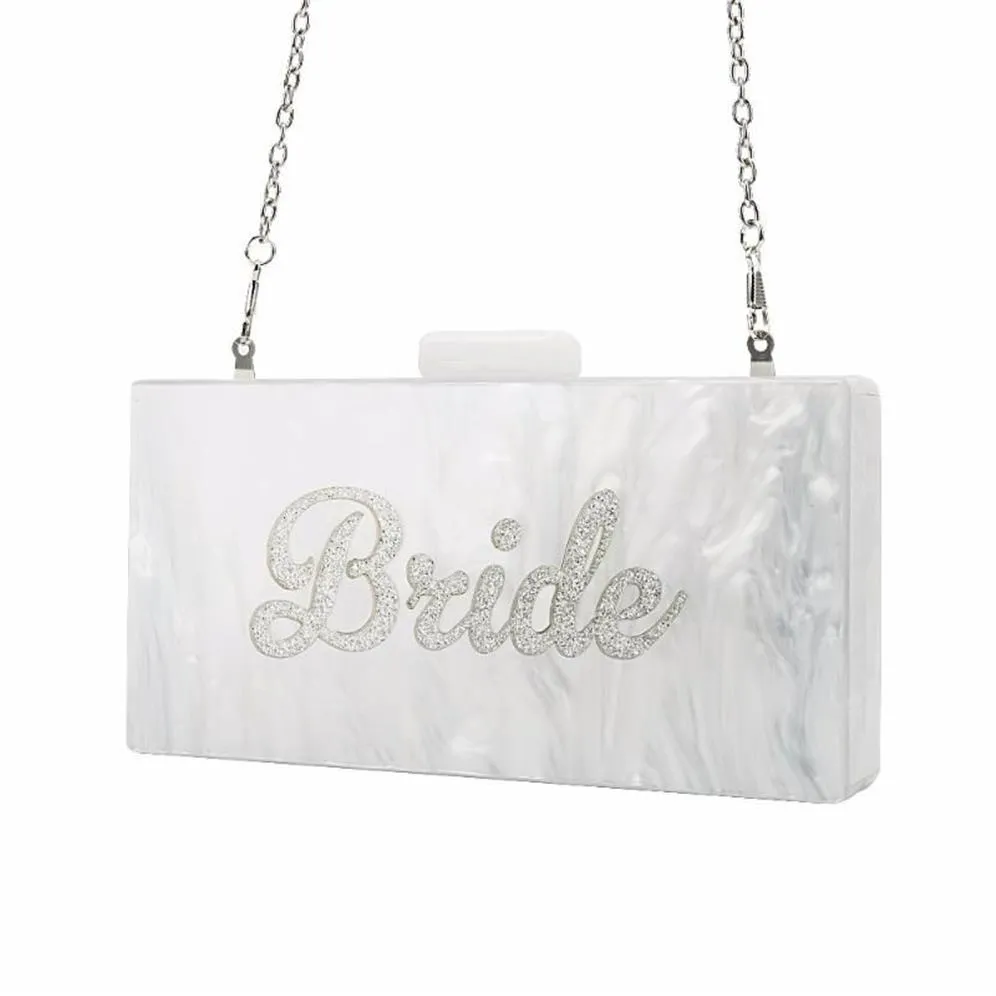 Borse da sera perla bianca con glitter in argento nome sposa briciole acriliche frizioni da donna borse da donna alletta