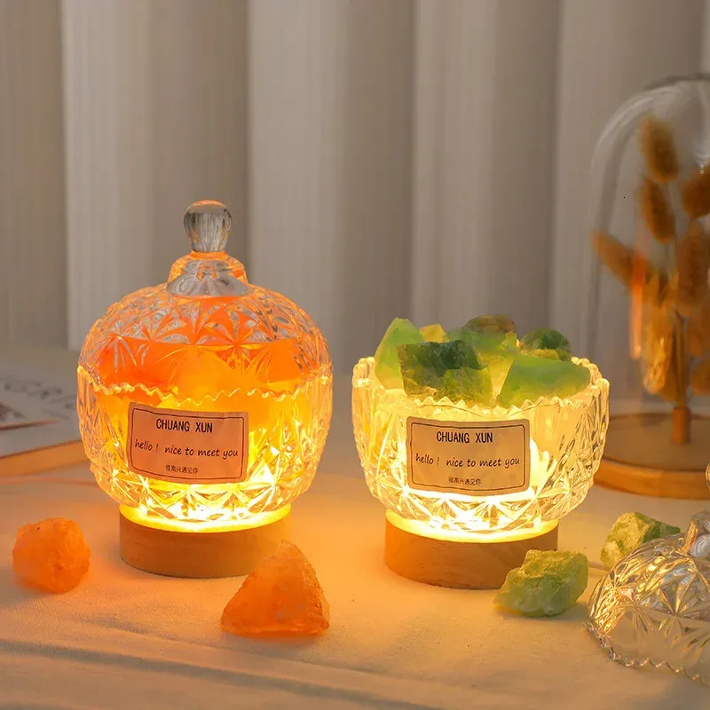 Lâmpadas de fragrância Noite Lâmpada Handmade Expandindo Copo Presente Desktop Nightlight Decoração Natural Laranja Sal Cristal Pedra Mesa 231212