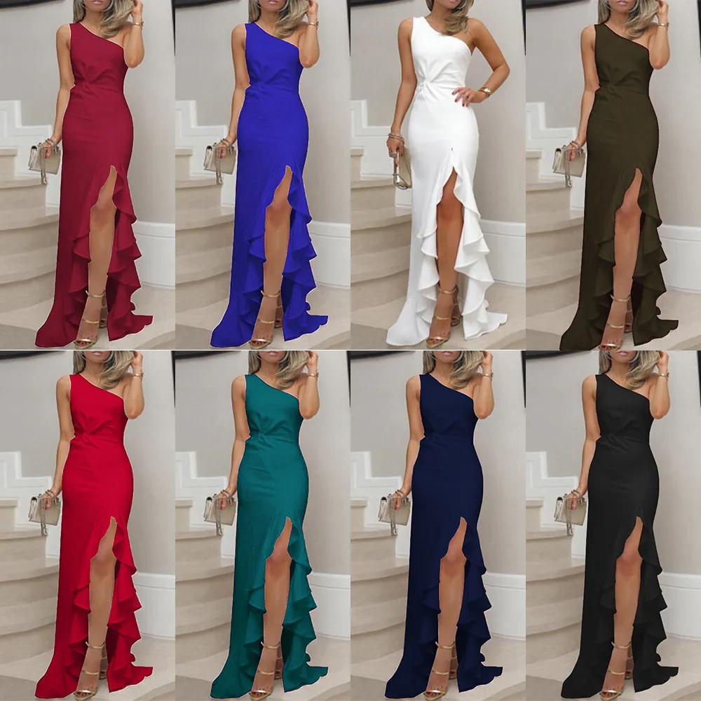 Womens Sexy Off Shoulder Party Dress One Shoulder Ruched Ruffle Formal Evening Dress Slim Maxi Dresses