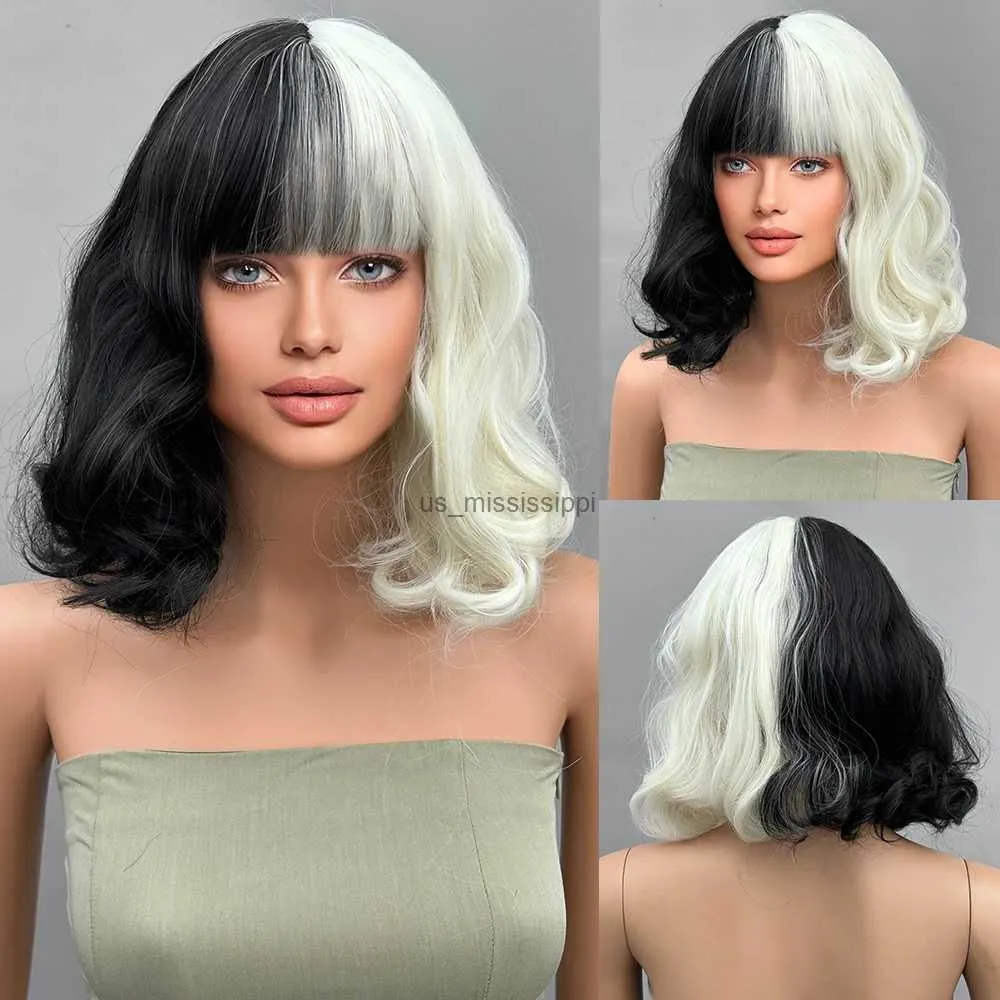 Cosplay Peruki Krótkie czarne białe peruki dla kobiet 12 '' Bob Hair z grzywką Naturalną modną syntetyczną pełną perukę urocze kolorowe peruki dla codziennego partyl231212