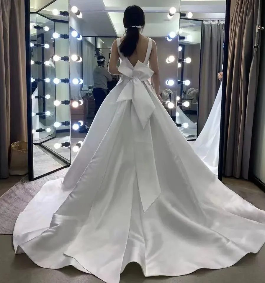 V Neck Bridal Gowns, Simple Satin Bridal Gowns: A Line Backless