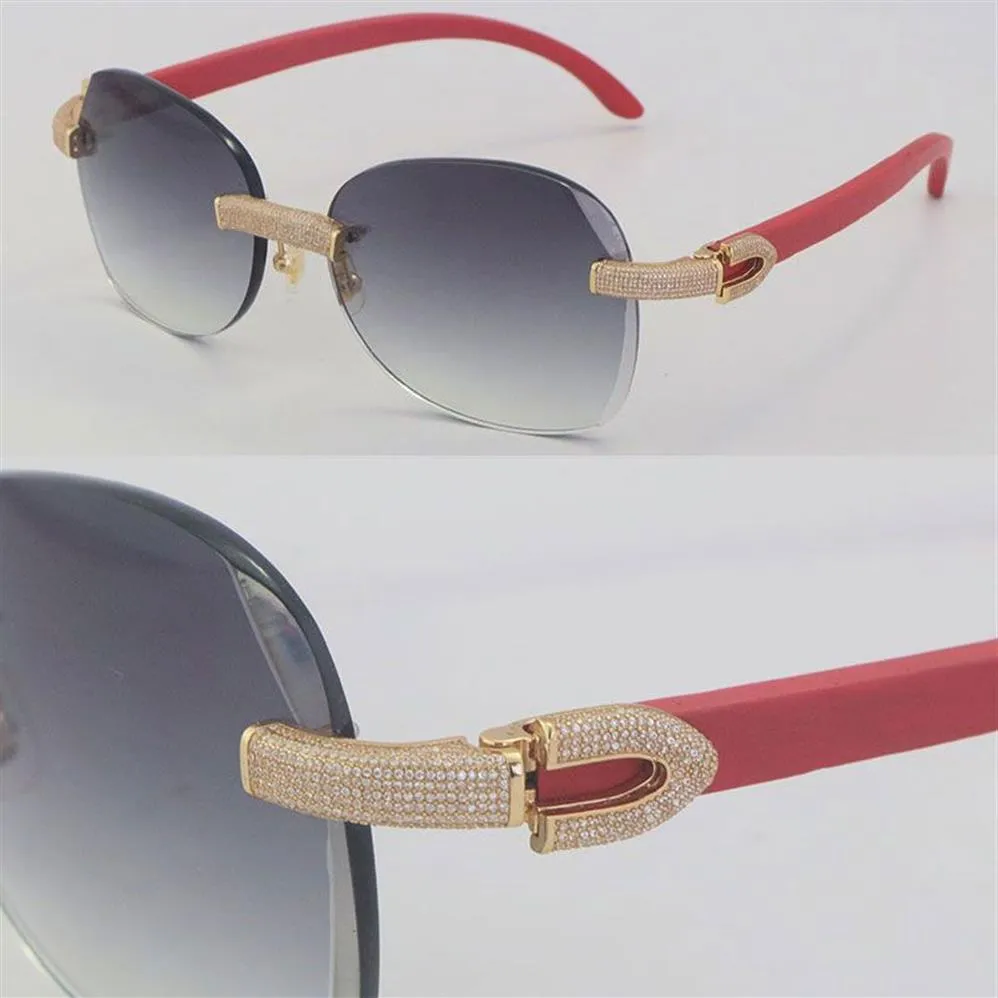 Nuevo conjunto de diamantes micropavimentados sin montura gafas de sol de madera rojas para mujer Marco de rocas de madera Gafas de sol masculinas y femeninas para hombre Oro de 18 quilates C Deco3028