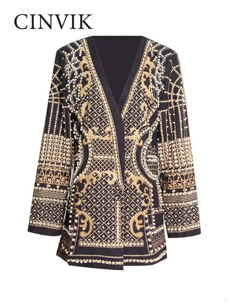 Womens Suits Blazers CINVIK est Luxurious Metallic Beaded Long Blazer Stylish Designer Jacket Vneck Sleeve Suit 231212