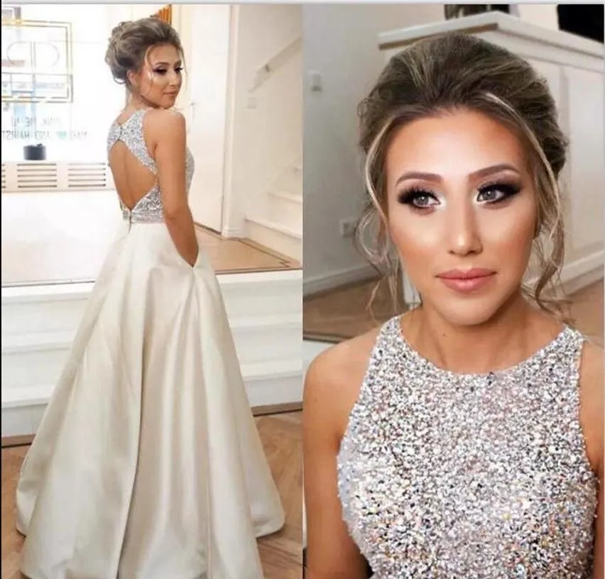 Jewel Top Beaded Prom Dresses with pocket backless Long Puffy Sequin Crystal Floor Length Prom Gowns Couture Keyhole Back Dresses Evening Wear Real Party