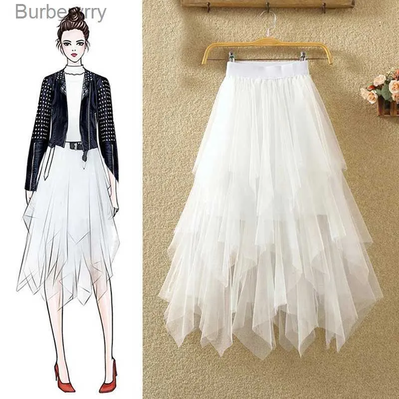 Jupes Tulle jupes femmes Faldas jer Moda 2021 mode élastique taille haute maille Tutu Maxi plissé longue Midi Saias Jupe femmes JupeL231212