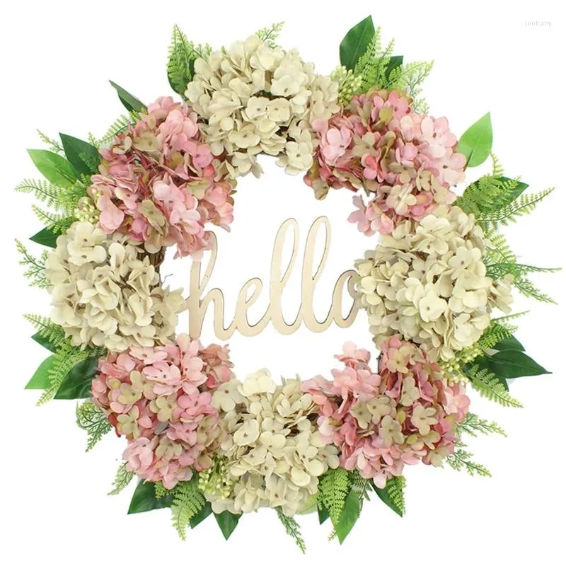 Dekorativa blommor Hello Letter Hydrangea Wreath Artificial Hanging Wedding Ornament för vårträdgårdsgårdens ytterdörrdekoration