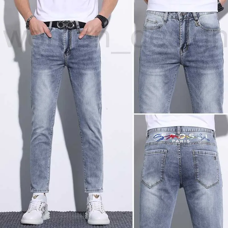 Jeans masculinos designer de luxo nove pontos jeans para marca de moda europeia masculina 2023 outono versátil impresso magro ajuste casual calças compridas heim