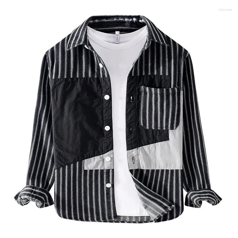Men's Casual Shirts Spring Autumn Turn-down Collar Cotton Striped Contrasting Shirt Long Sleeve Slim Fit Men Clothing Outdoor