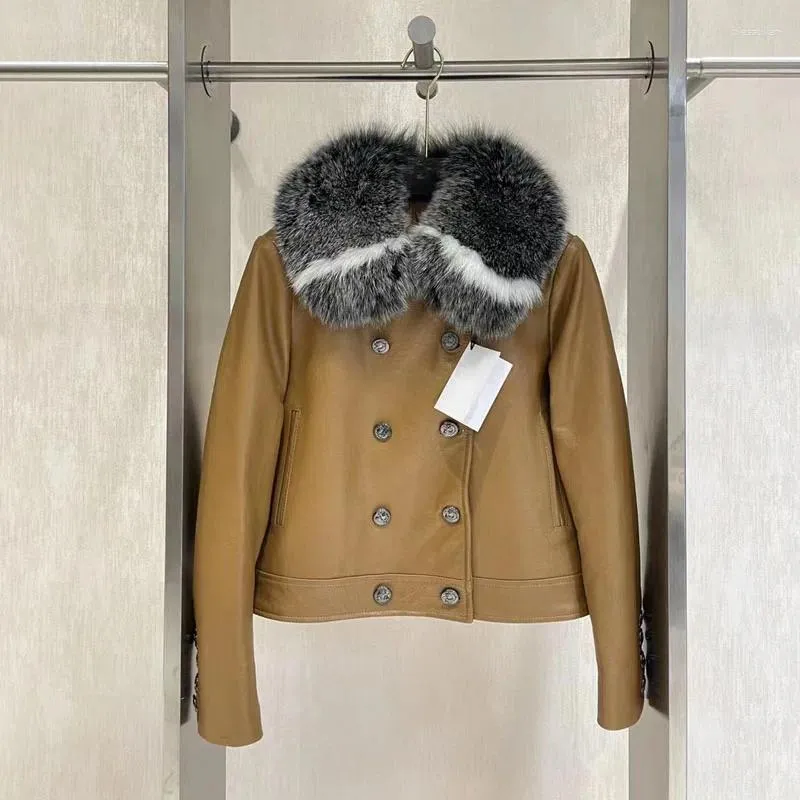 Women's Leather Genuine Jacket Real Sliver Fur Collar Coat Winter Women 2023 Fashion Short Length Thick Warm Double Breasted