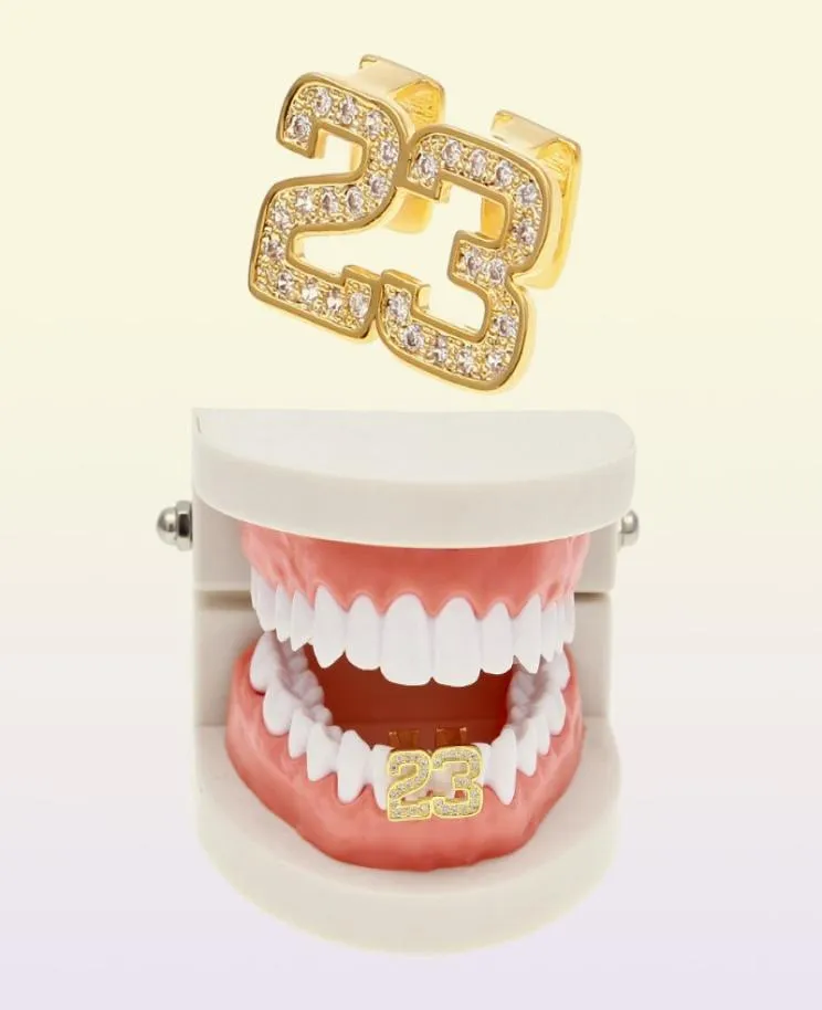 Hip Hop Doppi Denti Grillz Iced Out CZ Rame Oro Argento Placcato Colore Numero 23 Denti superiori Griglie dentali8021779