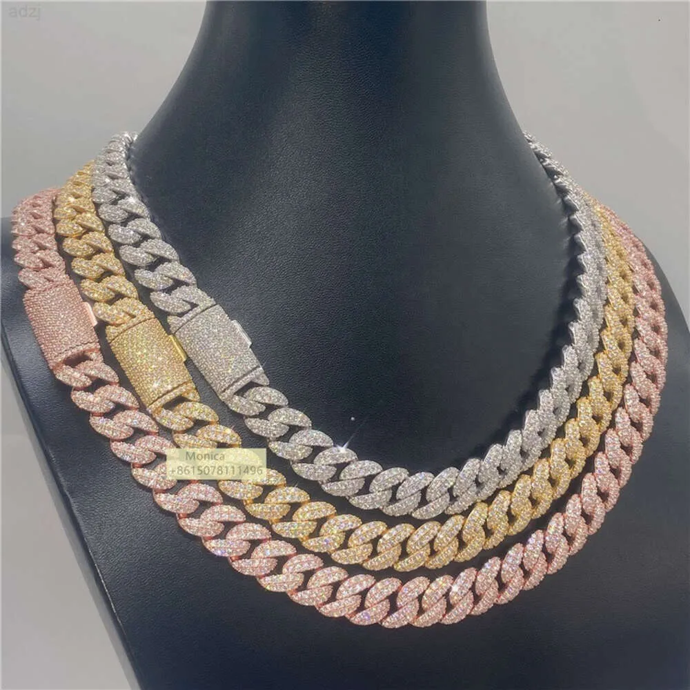 Pass Diamond Tester 12mm Two Row Luxury Shining Jewelry Iced Out Vvs1 Moissanite Cuban Link Chain Necklace