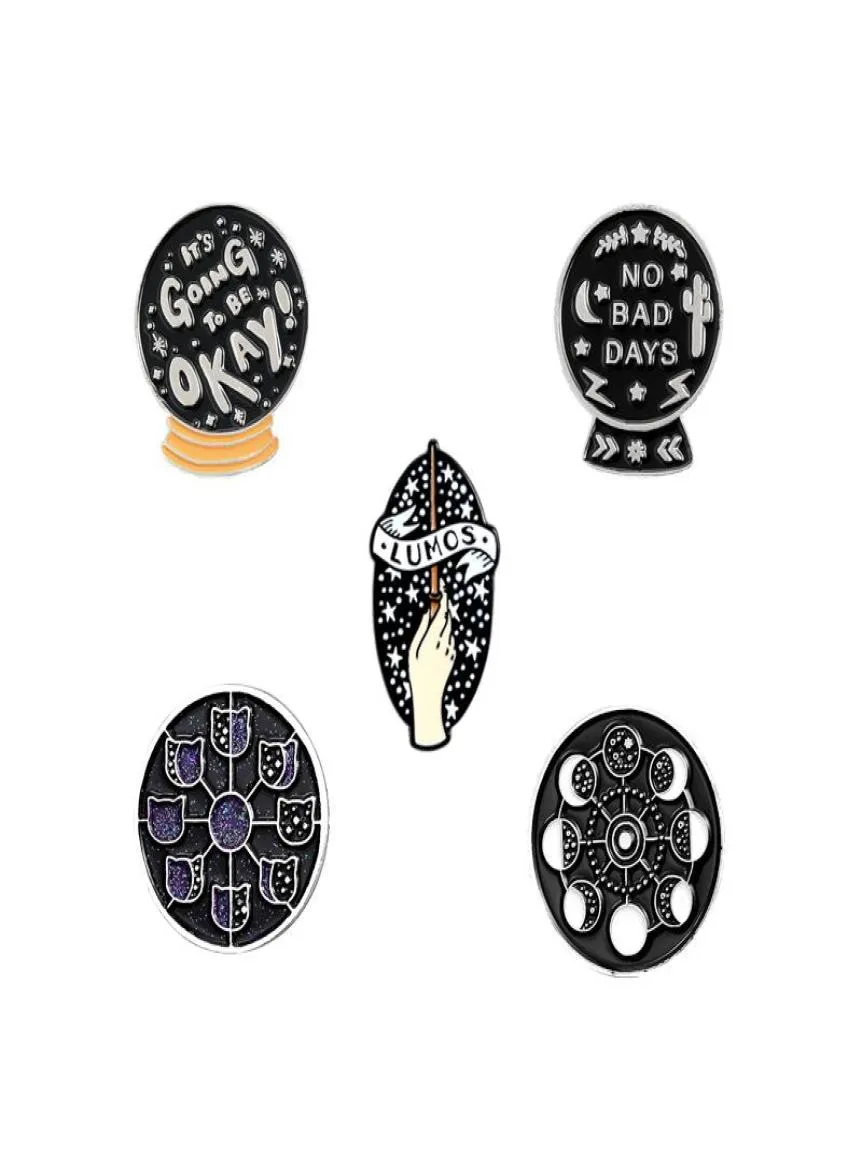 Pins Broches NO BAD DAYS Carta Rodada Esmalte Pin LUMOS Estrela Brilhante Gato R Fase Broche Crachá Mulheres Homens Amigos Presente Accossories5071907