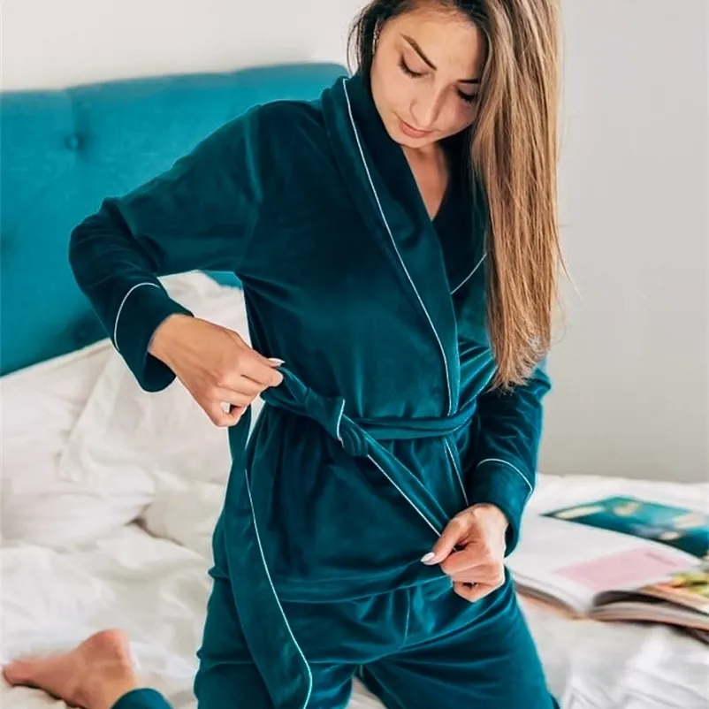 Velvet Pajamas for Women Sexy Warm Solid Sleepwear Robe Set Casual Bathrobe Long Sleeves Nightgown Pockets 2024