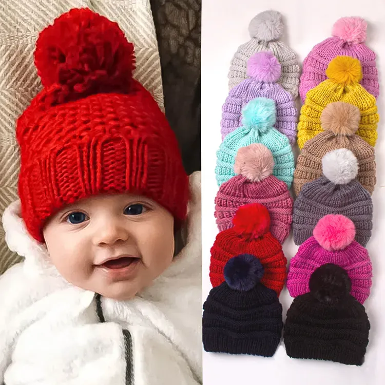 Vinter baby pom poms virkning hatt tjocka hattar spädbarn småbarn varma mössor pojke tjej stickad mössa m4182 bj