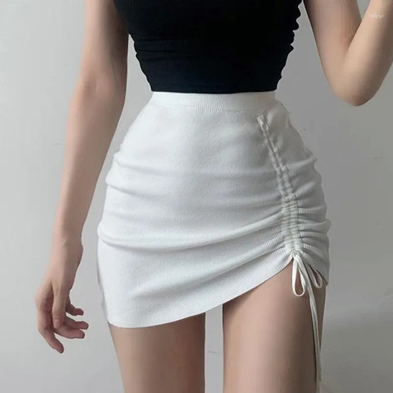 Skirts Women White Knitted Mini Skirt Summer Y2k Fashion Design Side Drawstring Woman Black Strecth High Waist Tight Short From 13,07 € | DHgate