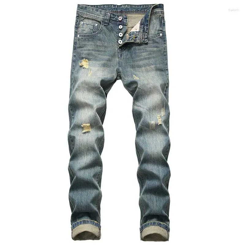 Jeans da uomo Denim rovinato classico marea marchio moda allentato dritto retrò lungo quattro stagioni strappato di grandi dimensioni jEoafnL