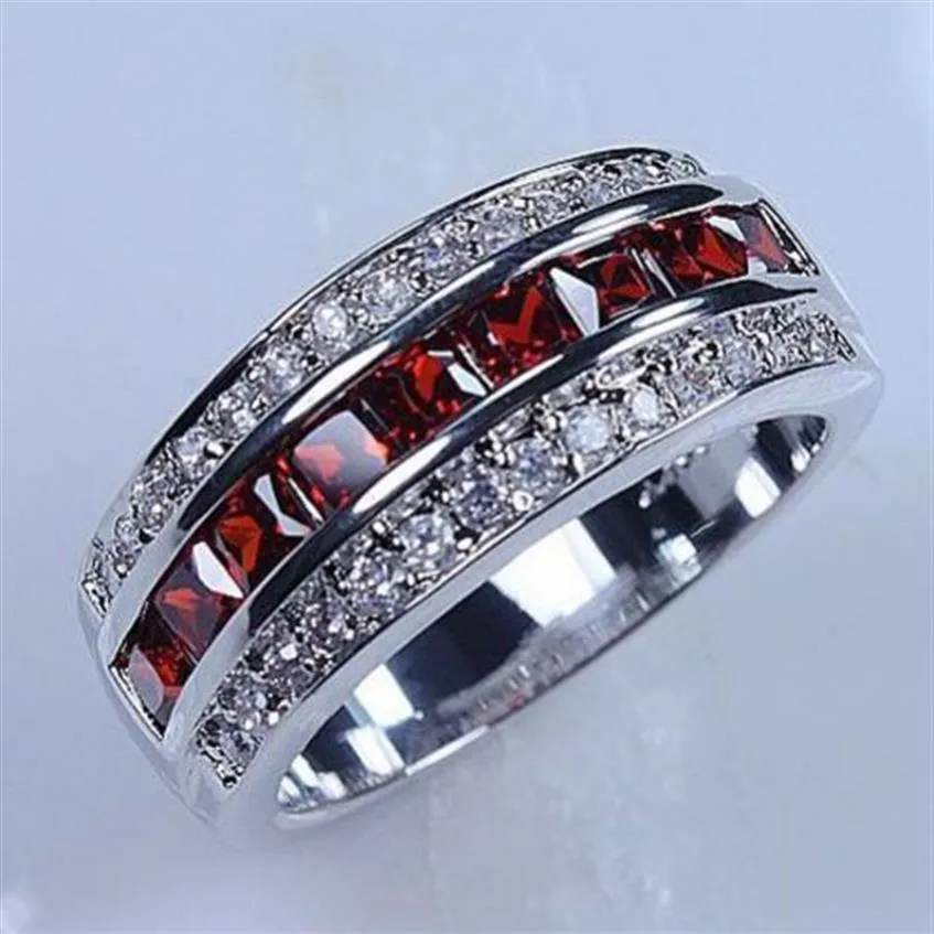 Victoria Wieck Luxury Jewelry 10kt White Gold Filled Red Garnet Simulated Diamond Wedding Princess Bridal Rings for Men Gift Size 263Q