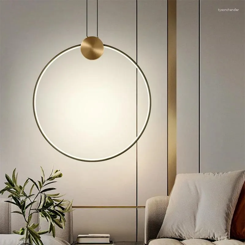 Hängslampor minimalistiska lyxringar sängen ledde liten ljuskrona sovrum lampa lving rum kreativt hängande linje justerbar kopparbelysning