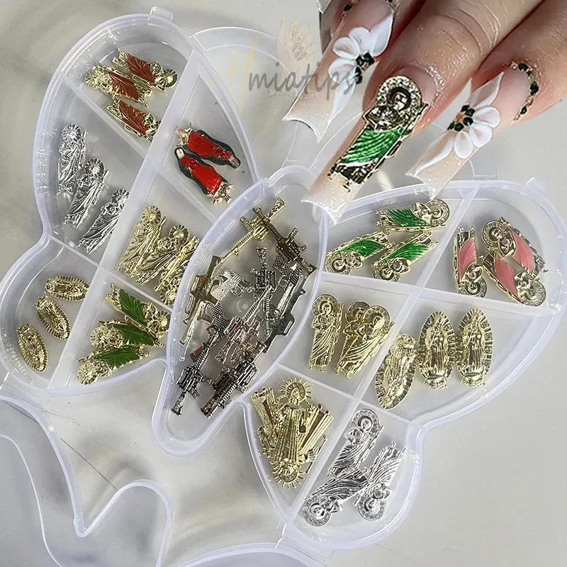 Décorations d'art d'ongle mélange 3D Santa Muerte breloques d'ongles strass en métal gemmes vierge marie pierres précieuses acrylique Nail Art bijoux accessoires de décoration 231211