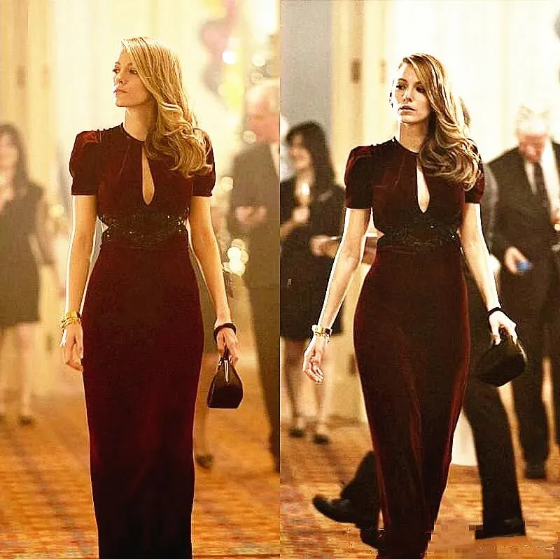 Burgundy Velvet Prom Dresses Sexy Keyhole Open Back Sheath Evening Gowns Women Formal Wear Vintage Blake Lively