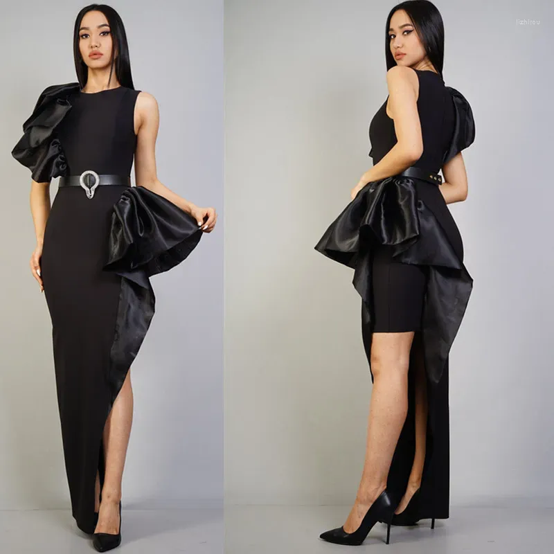 Vestidos informales Negro Un hombro de encaje elegante y dividido Longitud media Vestido de vendaje elástico Fiesta Rendimiento Banquete Tostado Ropa