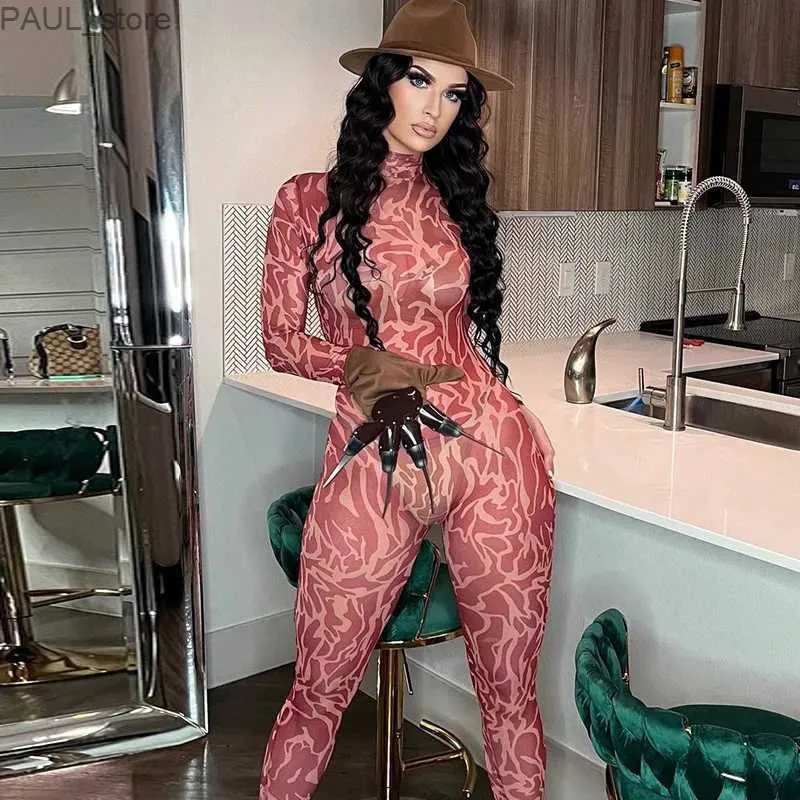 Kvinnors jumpsuits rompers Sexig Sheer Mesh Print Rompers Womens Jumpsuit 2023 Långärmad blyertsbyxor Se genom Night Clubwear Party Overalls Workoutl231212