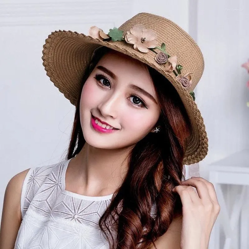 Brede rand hoeden zomer elegante damesbloemring stro hoed zon strand touw vrouw mode -accessoires