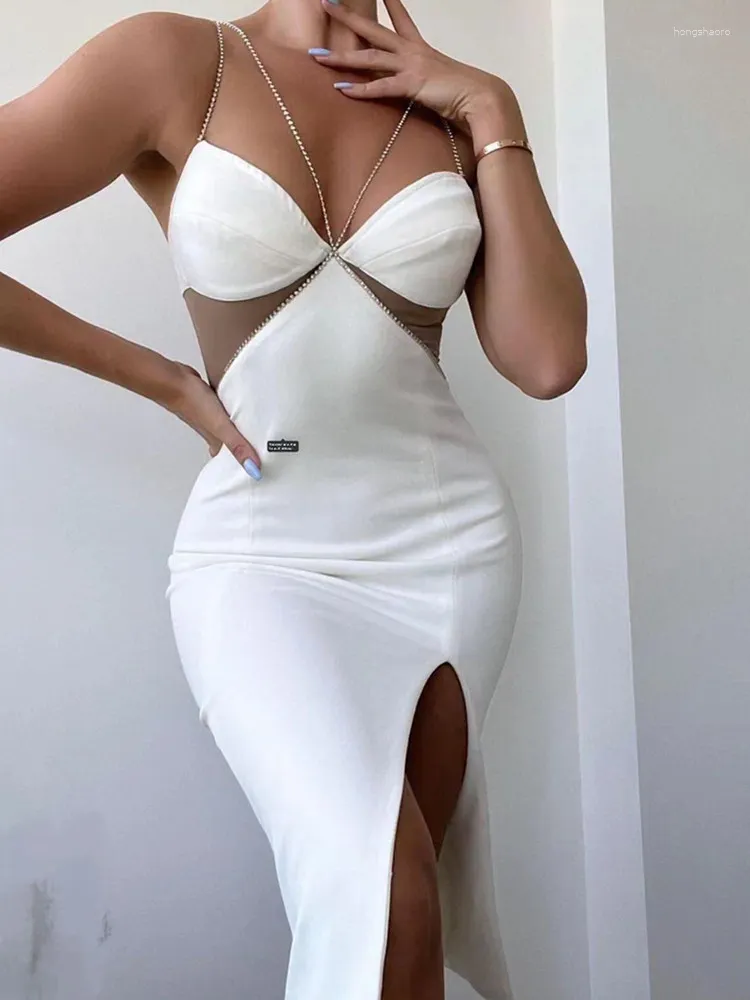 Casual Dresses 2023 Summer Bustier Dress Women Sexig Spaghetti Strap Cut Out Diamonds Split knälängd Bandage Evening Club Party