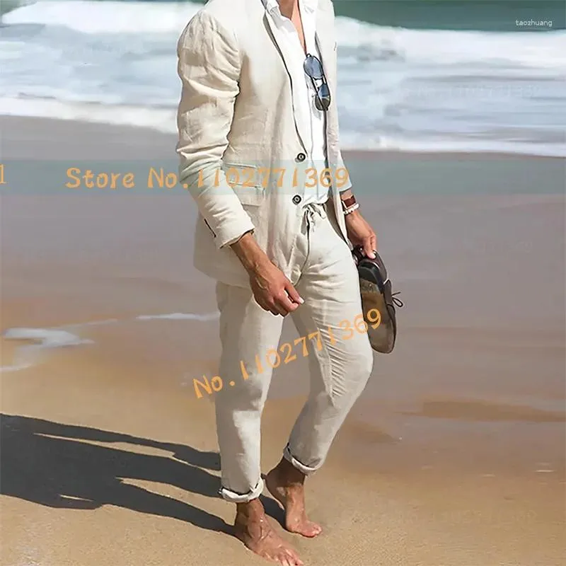 Abiti da uomo Classico Lino Beige per uomo Set Estate Sposo Groomsmen Matrimonio Spiaggia Smoking Moda su misura Pantaloni blazer casual 2 pezzi