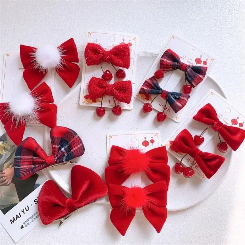 Hårtillbehör 2023 År Sweet Girl Ball Cherry Hairpins Celebration Red Velvet Fabric Bow Clip for Children's