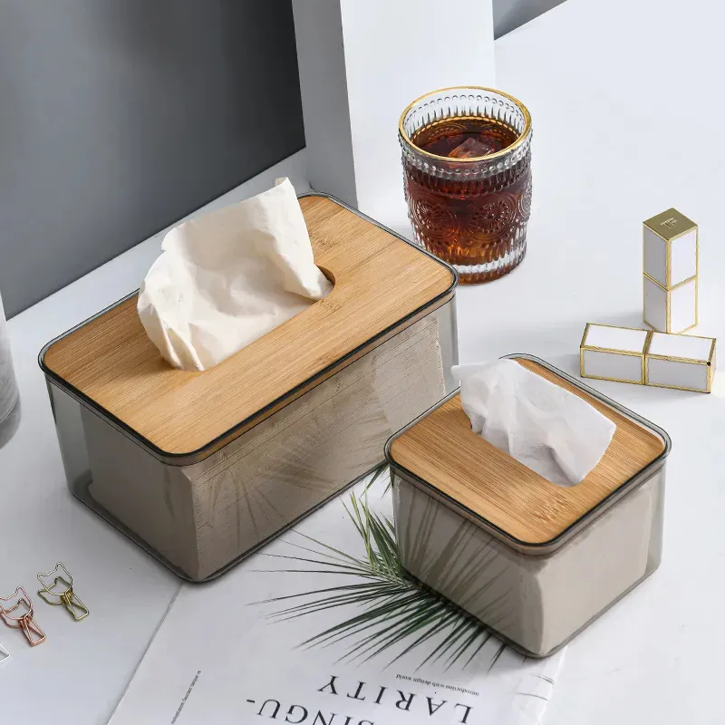 Toalettpappershållare Nordiska minimalistiska trävävnadslåda Omslagsorganisatör Modern Desktop Transparent Rectangular Bamboo Dispenser 231212