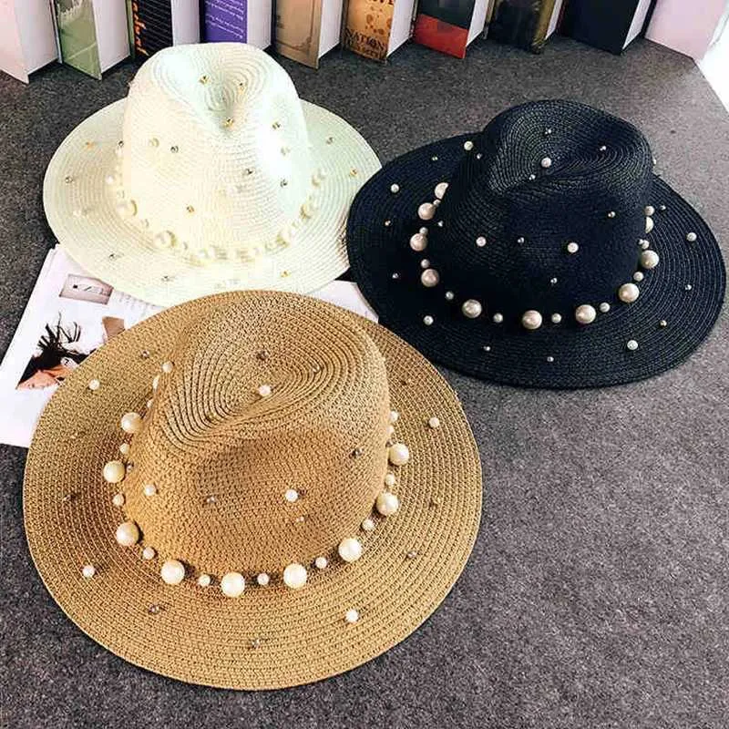 Sombreros de borde anchos sombreros de cubo 2019 New Summer UK Pearle Boaded Flat Brimmed St Hombina Sol Hat Beach Sol Fashion Fashion Jazz C J240425