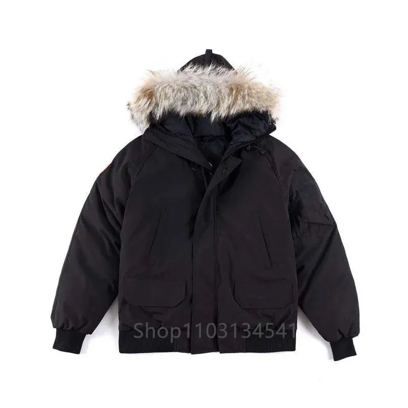 Jaquetas masculinas Inverno Mens Canadense CG Chilliwacks Parka Ganso Down Jacket Quente Outerwear Casaco Windproof Hood Real Coyote Fur Curto 231212