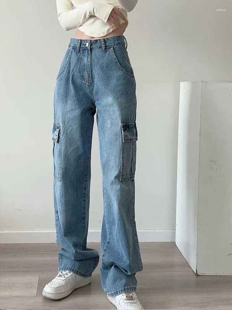 Jeans de mujer de alta calidad azul 2023 moda de otoño cintura cómoda ropa de carga multibolsillo