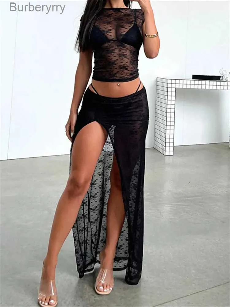 Skirts CHRONSTYLE Women Lace Mesh See Through 2pcs Skirts Sets Y2K Backless Lace-up T-shirts Crop Tops Low Waist Split Skirts ClubwearL231212