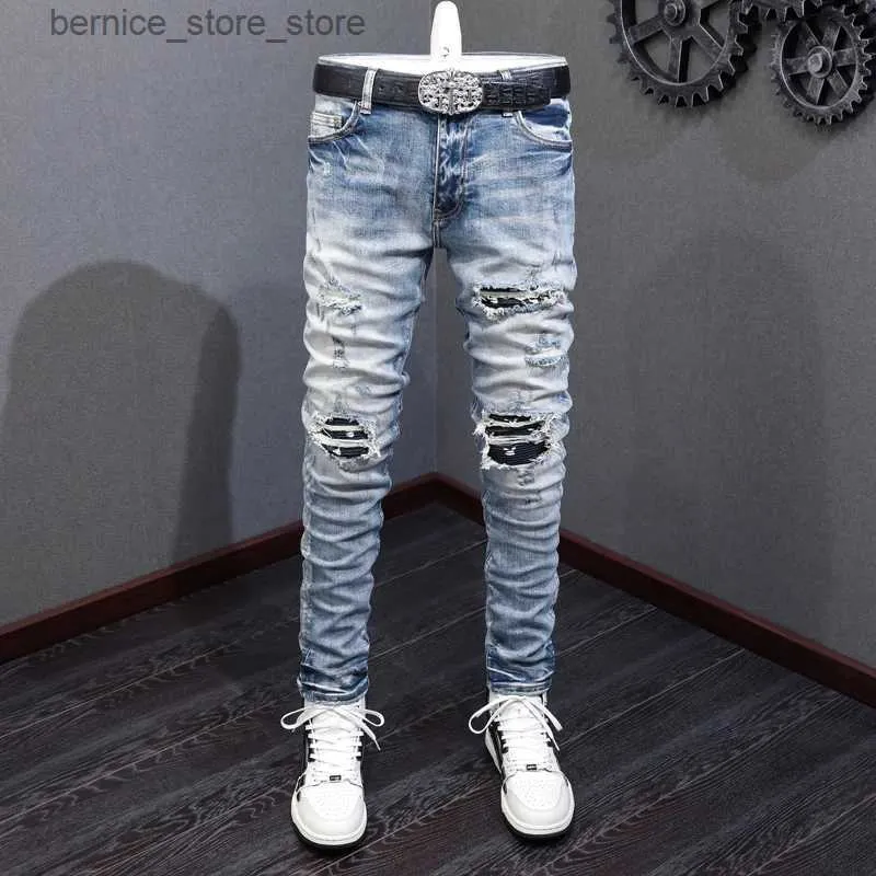 Men's Jeans High Street Fashion Men Jeans Retro Light Blue Elastic Stretch Skinny Ripped Jeans Men Patch Designer Hip Hop Brand Pants Hombre Q231213