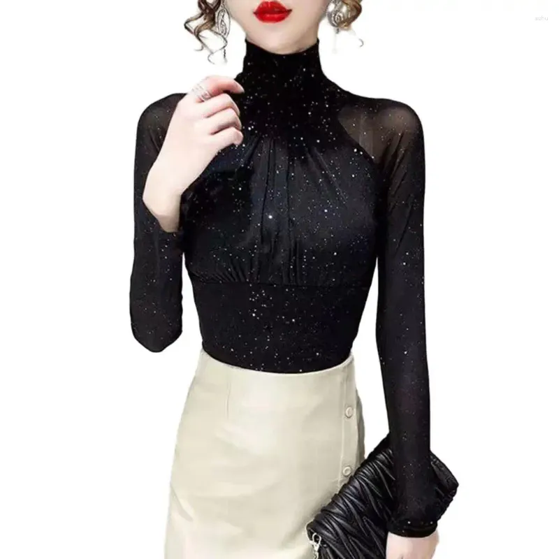 Женские блузки, женский топ с длинными рукавами, сексуальный черный винтажный французский плиссированный воротник, эластичная рубашка с воротником, майка