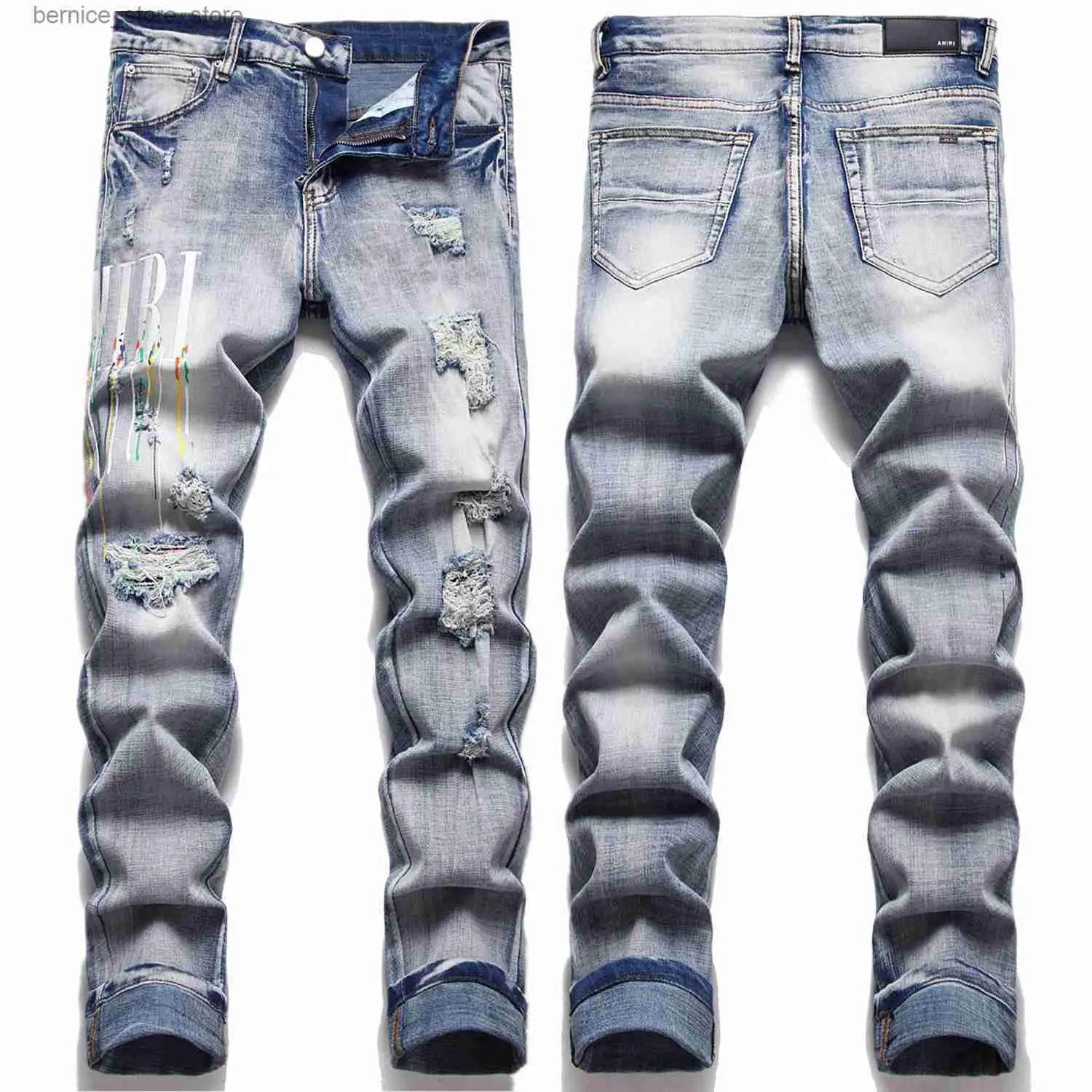 Men's Jeans High Quality Mens Slim-fit Stretch Blue Jeans Light Luxury Hole Ripped Decorating Hip Hop Jeans Stylish Sexy Street Jeans; Q231212