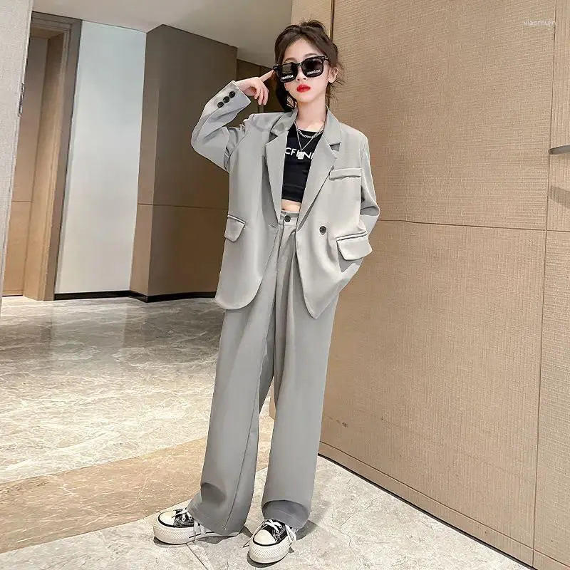 Stylish Girls Korean Suit Fashion Jacket Coat Wide Leg Pants Set for Teens Cool Formal Outfits for Spring Autumn