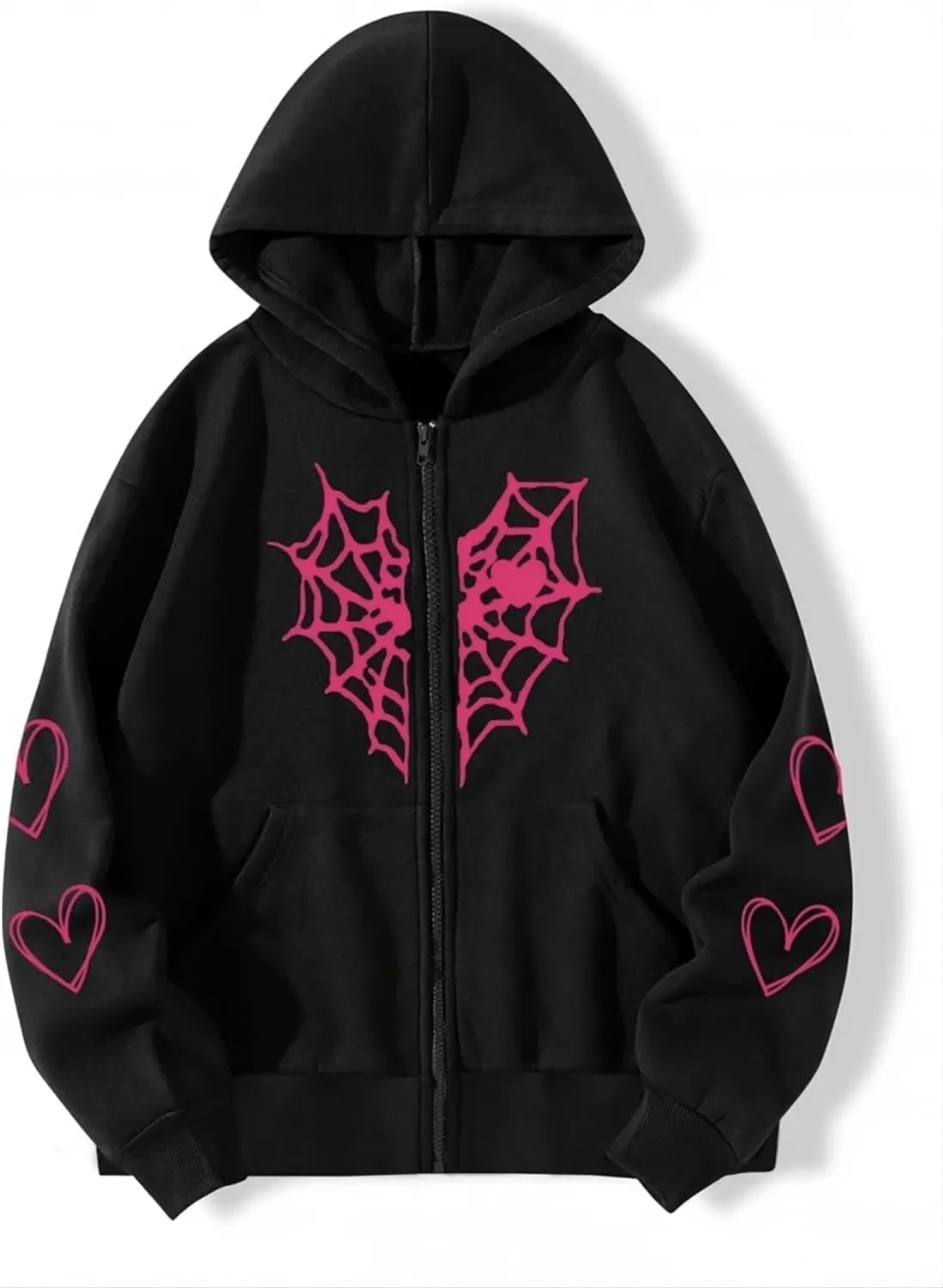 Y2k gotisk spindel web hjärtformad tryck huvtröja punk zip up jacka coat harajuku lös överdimensionerad streetwear