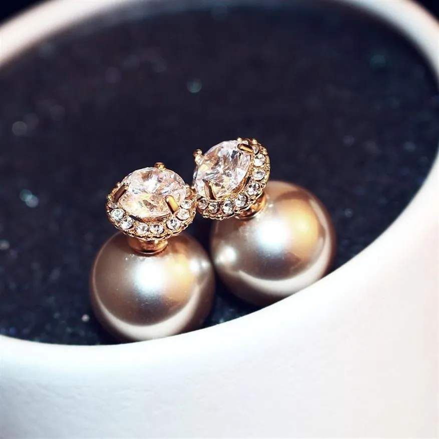 Nouvelles boucles d'oreilles en perles pop bicolores de mode exquise coréenne portent des boucles d'oreilles en perles de champagne haut de gamme double face super flash zircon e1713