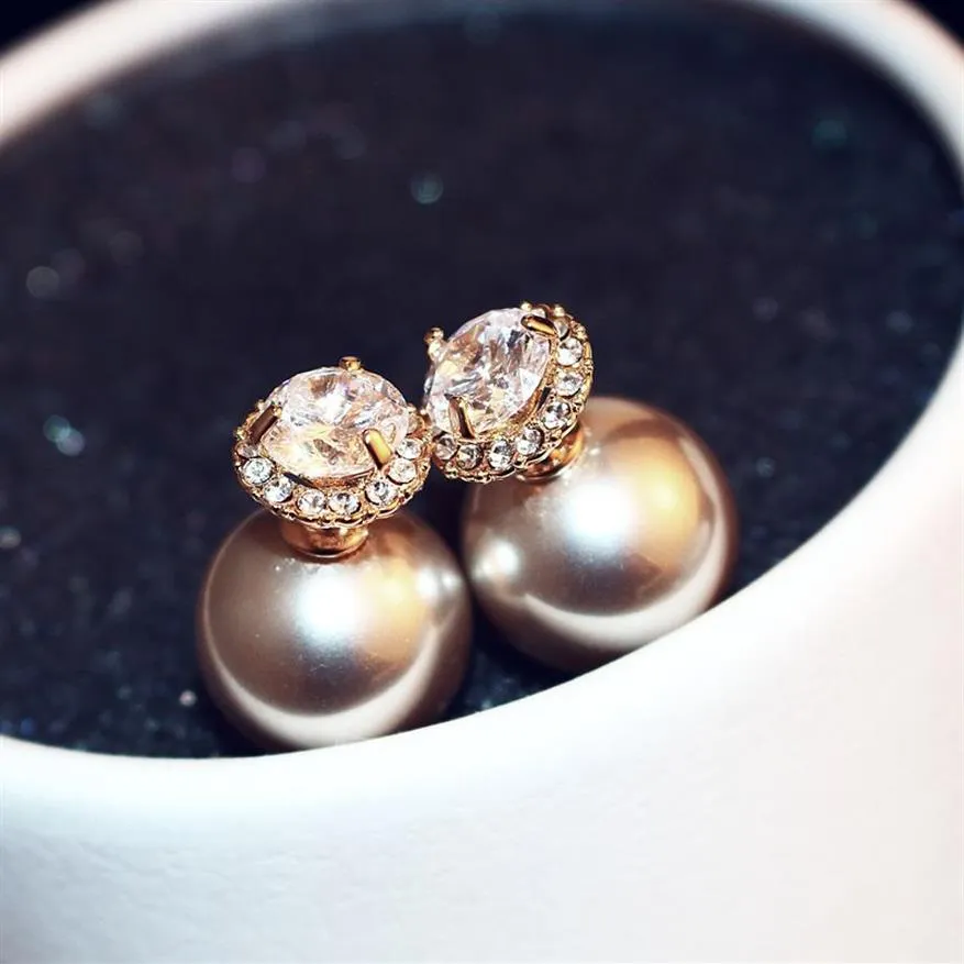 New Korean exquisite fashion two-color pop pearl earrings wear double-sided high-end champagne pearl earrings super flash zircon e1713