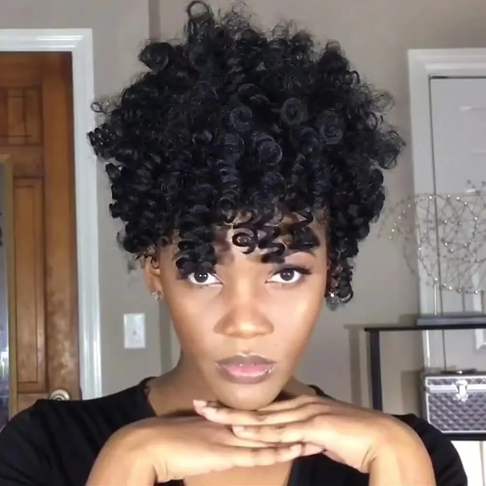 Krótka wysoka afro perwersyjna ludzka fryzura kucyka dla czarnych kobiet na taśmę szydełkową kręcone włosy puff bun fryzura